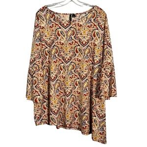 New Directions No-Iron Slinky Knit Asymmetrical Hem Long Sleeve Blouse Plus Size